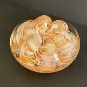 Joe Rice Art Glass Paperweight With Swirled Floral Gold Ribbon Design